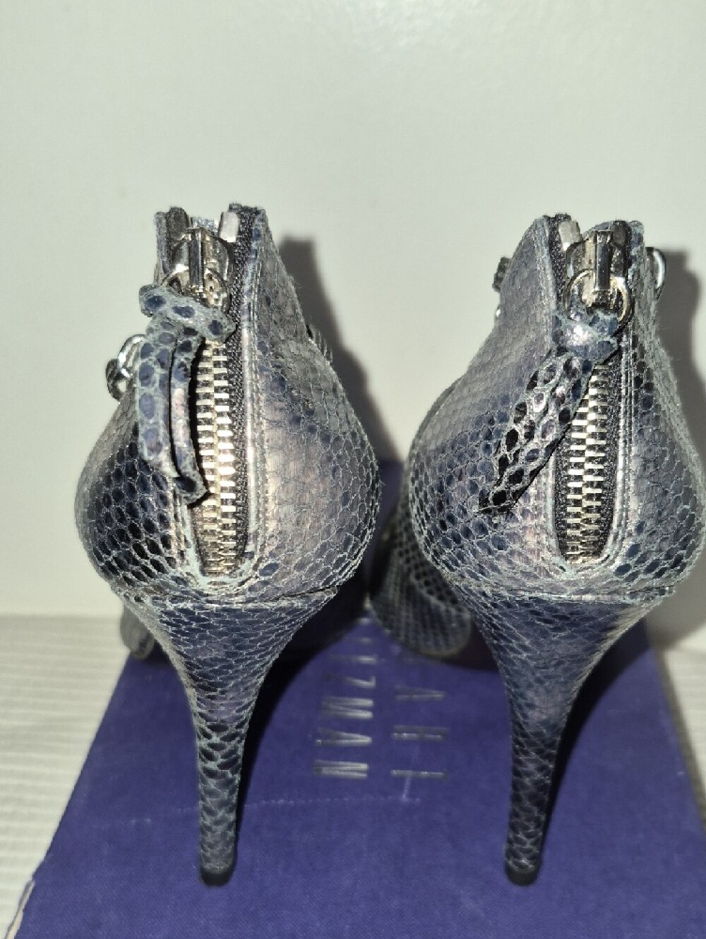 Stuart Weitzman Black Textured Pointed-Toe Pumps with Silver Chains - Picture 4 of 12